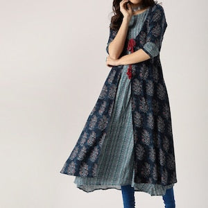 Long Dress/ Kurta with pant/Tunic/Long Dress Ethnic Jacket/Batik Print/Bollywood/Handmade/Tassel/Bohemian/Traditional/India/Summer/Textiles/