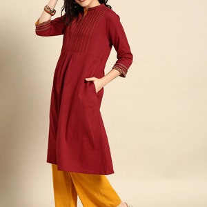Women Pure 100 % Cotton Kurta Palazzo Set/ Maroon Yoke Design A-Line Kurta With Pleated Detail/ Long Dress/ Kurta/ Tunic/ Summer Wear/Ethnic