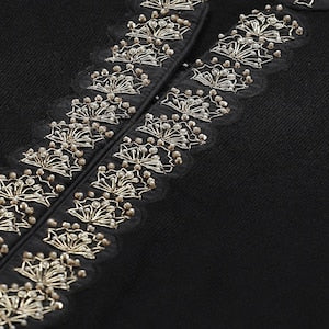 Long Women/ Kurta/ Black Yoke Design Straight Kurta/Mandarin Collar/Llong Sleeves/ Straight hem/Pockets/Side Slits/ Embrodiery/ Beaded