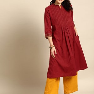Women Pure 100 % Cotton Kurta Palazzo Set/ Maroon Yoke Design A-Line Kurta With Pleated Detail/ Long Dress/ Kurta/ Tunic/ Summer Wear/Ethnic