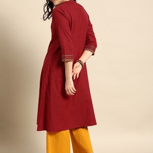Women Pure 100 % Cotton Kurta Palazzo Set/ Maroon Yoke Design A-Line Kurta With Pleated Detail/ Long Dress/ Kurta/ Tunic/ Summer Wear/Ethnic