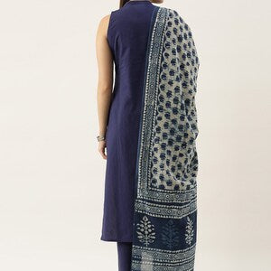 Women Navy Blue Indigo/ Dabu/ Hand Block Print Pure Cotton Kurta Set