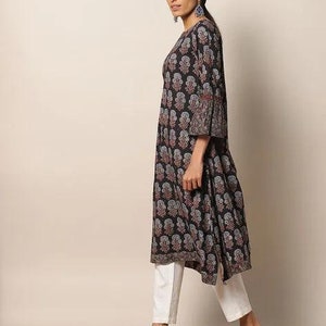 Handblock Ajrak Print Cotton Straight Kurta/Women Ethnic Kurta India/ Cotton/ Indigo/