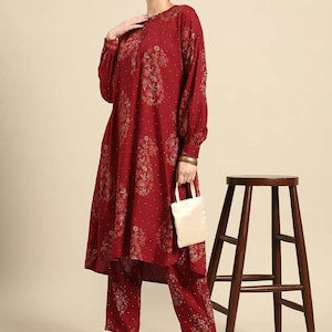 Red/ Off white printed Kurta with Trousers/ Mandarin Collar/ Cotton/ Linen Dress/ Pockets