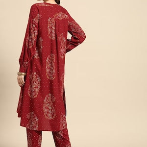 Red/ Off white printed Kurta with Trousers/ Mandarin Collar/ Cotton/ Linen Dress/ Pockets