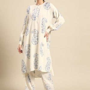 Red/ Off white printed Kurta with Trousers/ Mandarin Collar/ Cotton/ Linen Dress/ Pockets
