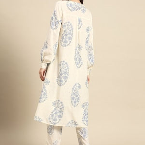 Red/ Off white printed Kurta with Trousers/ Mandarin Collar/ Cotton/ Linen Dress/ Pockets