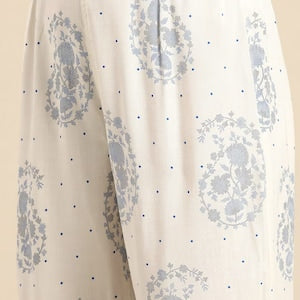 Red/ Off white printed Kurta with Trousers/ Mandarin Collar/ Cotton/ Linen Dress/ Pockets
