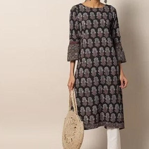 Handblock Ajrak Print Cotton Straight Kurta/Women Ethnic Kurta India/ Cotton/ Indigo/