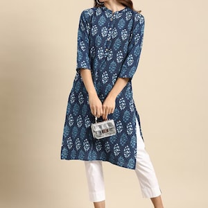 Dabu Print Long Linen Dress/ Kurta/ Cotton Silk/ Organic/ Indigo/