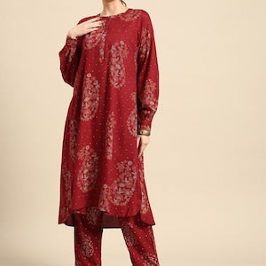 Red/ Off white printed Kurta with Trousers/ Mandarin Collar/ Cotton/ Linen Dress/ Pockets