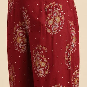 Red/ Off white printed Kurta with Trousers/ Mandarin Collar/ Cotton/ Linen Dress/ Pockets