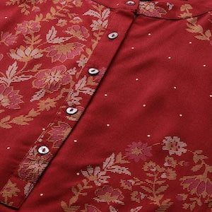 Red/ Off white printed Kurta with Trousers/ Mandarin Collar/ Cotton/ Linen Dress/ Pockets