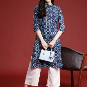 Dabu Print Long Linen Dress/ Kurta/ Cotton Silk/ Organic/ Indigo/