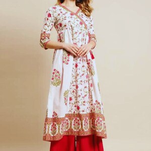 Pure Cotton Ethnic Motifs Printed A-Line Block Print Sanganeri Kurta/ Linen Kurta/