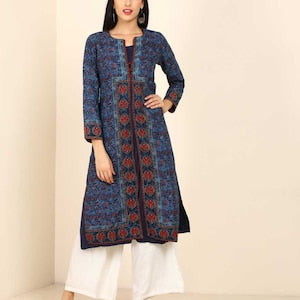 Pure Cotton Ethnic Motifs Printed A-Line Block Print Sanganeri Kurta/ Linen Kurta/