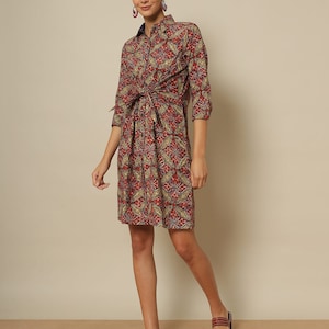 Linen Wrap Dress with belt /Tie-Back Detail/with pockets - split neck/3/4 sleeve/ shift dress/ Summer Cotton Dress