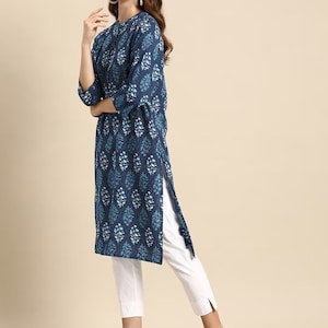 Dabu Print Long Linen Dress/ Kurta/ Cotton Silk/ Organic/ Indigo/