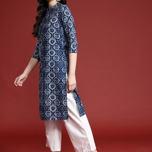 Dabu Print Long Linen Dress/ Kurta/ Cotton Silk/ Organic/ Indigo/