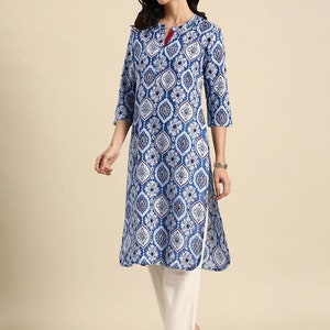 Dabu Print Long Linen Dress/ Kurta/ Cotton Silk/ Organic/ Indigo/