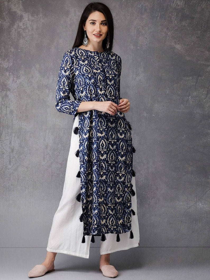 Long selling Linen Dress/ 100 % Cotton Kurta /Tunic/Long Dress/Block Print/Bollywood/Handmade/Tassel/Bohemian/Traditional/India/Summer/Textiles/