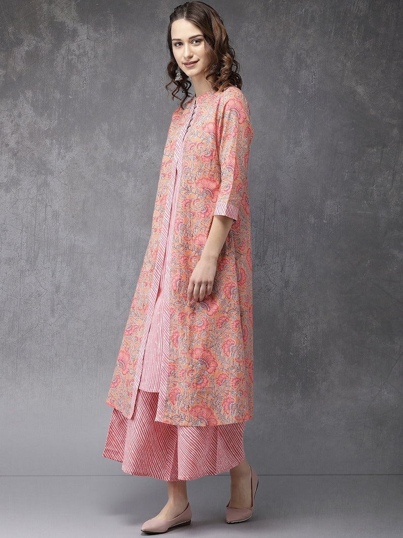 Printed Soft Pink Long Dress/Palazzo Pant/Shirt/Tunic/Ladies Cotton Kurti/Handmade/ Ethnic Wear/Block Print/ Summer wear /Bohemian