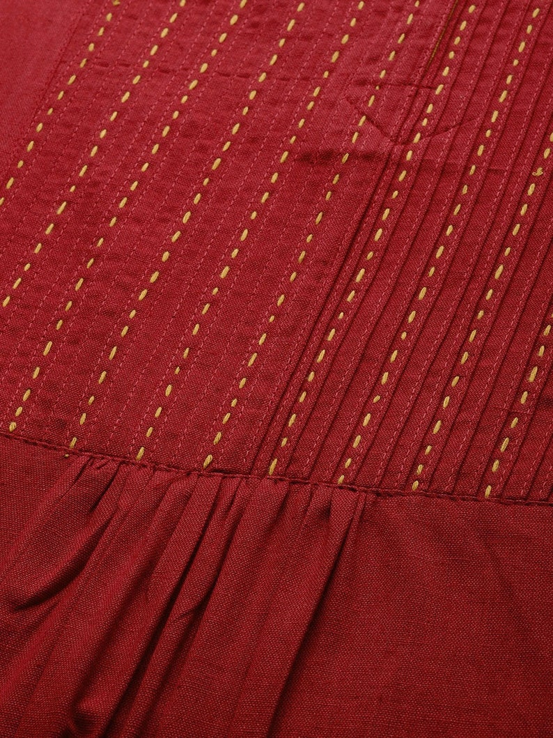 Women Pure 100 % Cotton Kurta Palazzo Set/ Maroon Yoke Design A-Line Kurta With Pleated Detail/ Long Dress/ Kurta/ Tunic/ Summer Wear/Ethnic