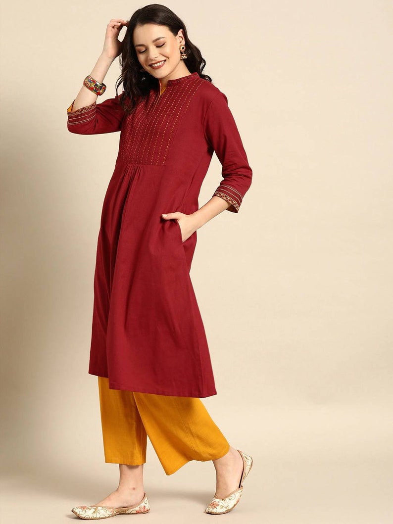 Women Pure 100 % Cotton Kurta Palazzo Set/ Maroon Yoke Design A-Line Kurta With Pleated Detail/ Long Dress/ Kurta/ Tunic/ Summer Wear/Ethnic
