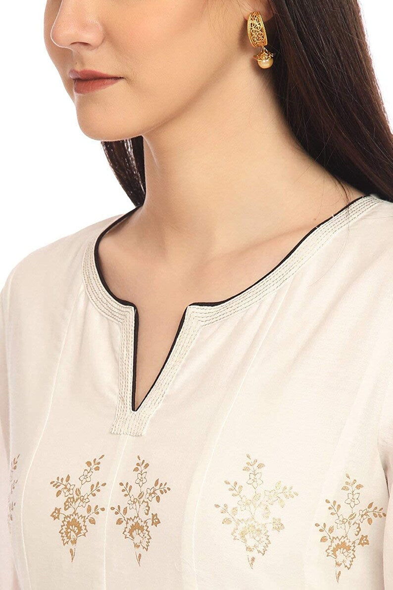 Off-White printed kurta with churidar/Beautiful Gold Motif/ Festive Look/Cotton Anarkali Kurta/ Tunic/ Bollywood Ethnic/ India/ Boho