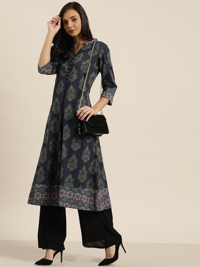 Double-layer linen cotton/ Summer Spring Fall Winter Block Print/Ethnic Dress/ Kurta/ Tunic/ Summer Wear/ India/Embroidered/Maxi Dress