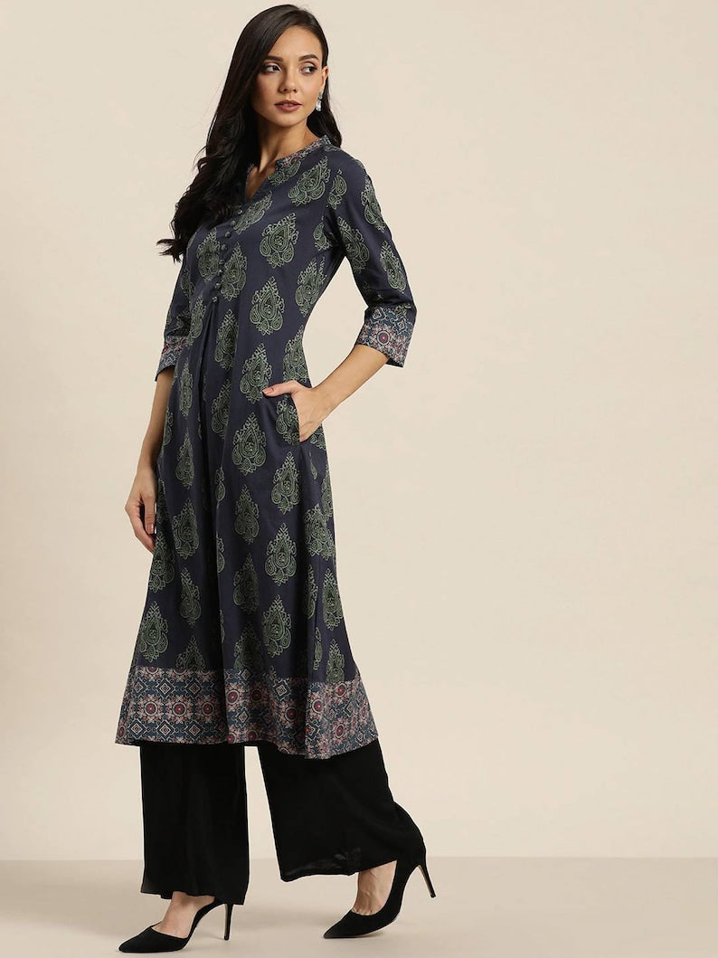 Double-layer linen cotton/ Summer Spring Fall Winter Block Print/Ethnic Dress/ Kurta/ Tunic/ Summer Wear/ India/Embroidered/Maxi Dress