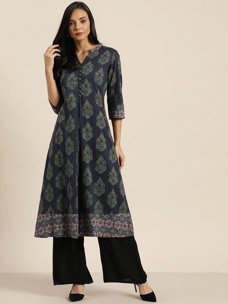 Double-layer linen cotton/ Summer Spring Fall Winter Block Print/Ethnic Dress/ Kurta/ Tunic/ Summer Wear/ India/Embroidered/Maxi Dress