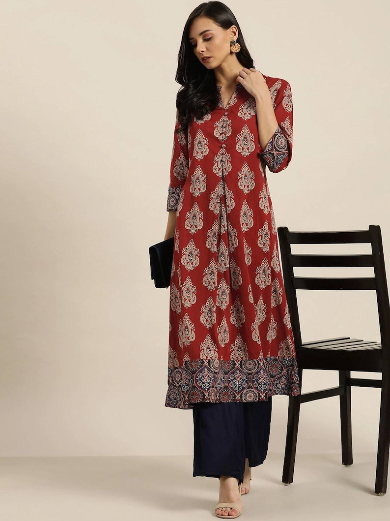 Double-layer linen cotton/ Summer Spring Fall Winter Block Print/Ethnic Dress/ Kurta/ Tunic/ Summer Wear/ India/Embroidered/Maxi Dress