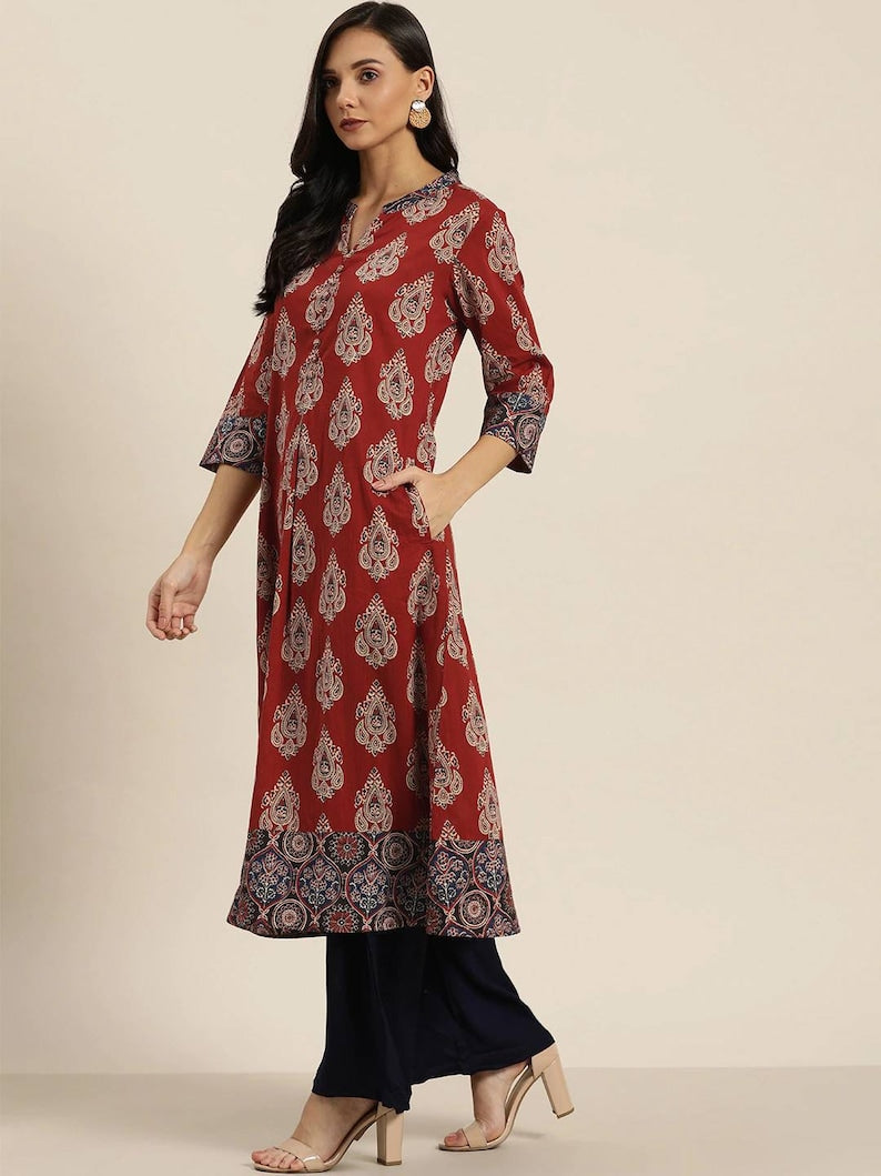 Double-layer linen cotton/ Summer Spring Fall Winter Block Print/Ethnic Dress/ Kurta/ Tunic/ Summer Wear/ India/Embroidered/Maxi Dress