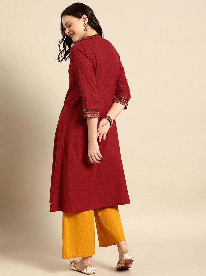 Women Pure 100 % Cotton Kurta Palazzo Set/ Maroon Yoke Design A-Line Kurta With Pleated Detail/ Long Dress/ Kurta/ Tunic/ Summer Wear/Ethnic