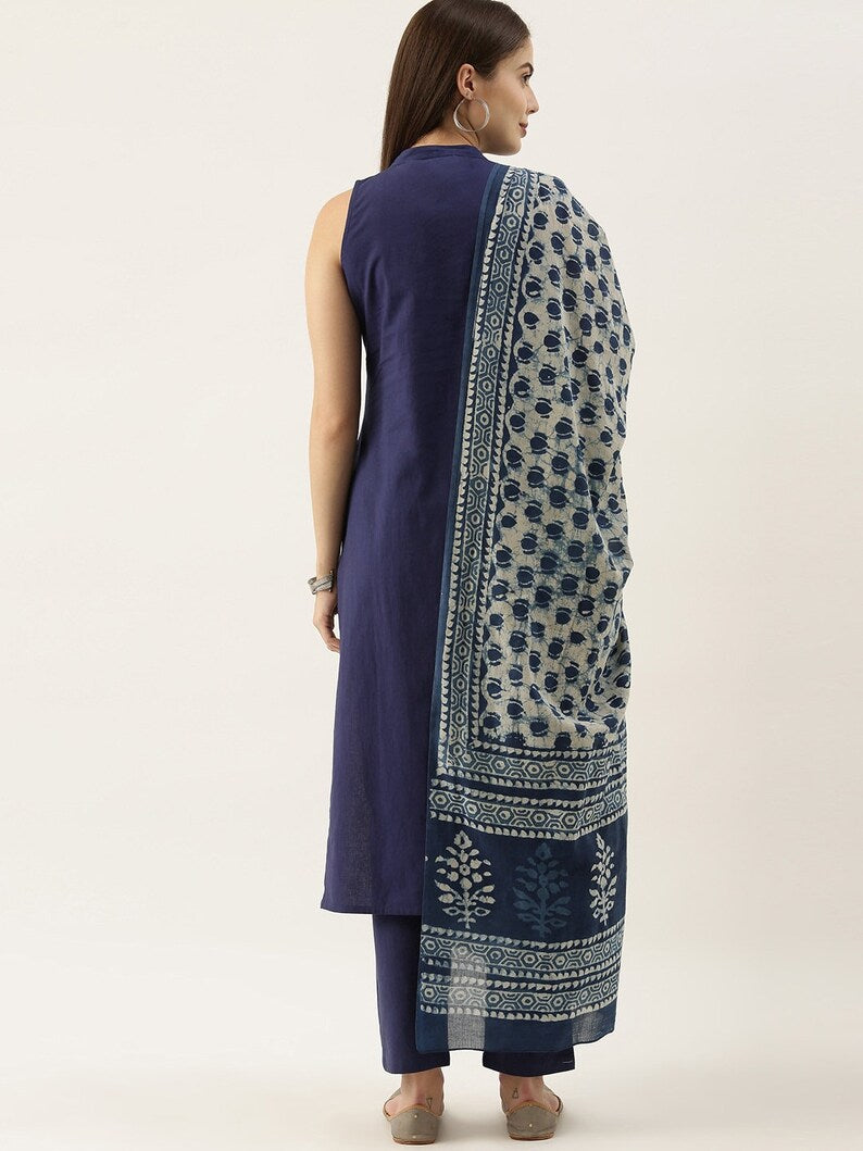 Women Navy Blue Indigo/ Dabu/ Hand Block Print Pure Cotton Kurta Set