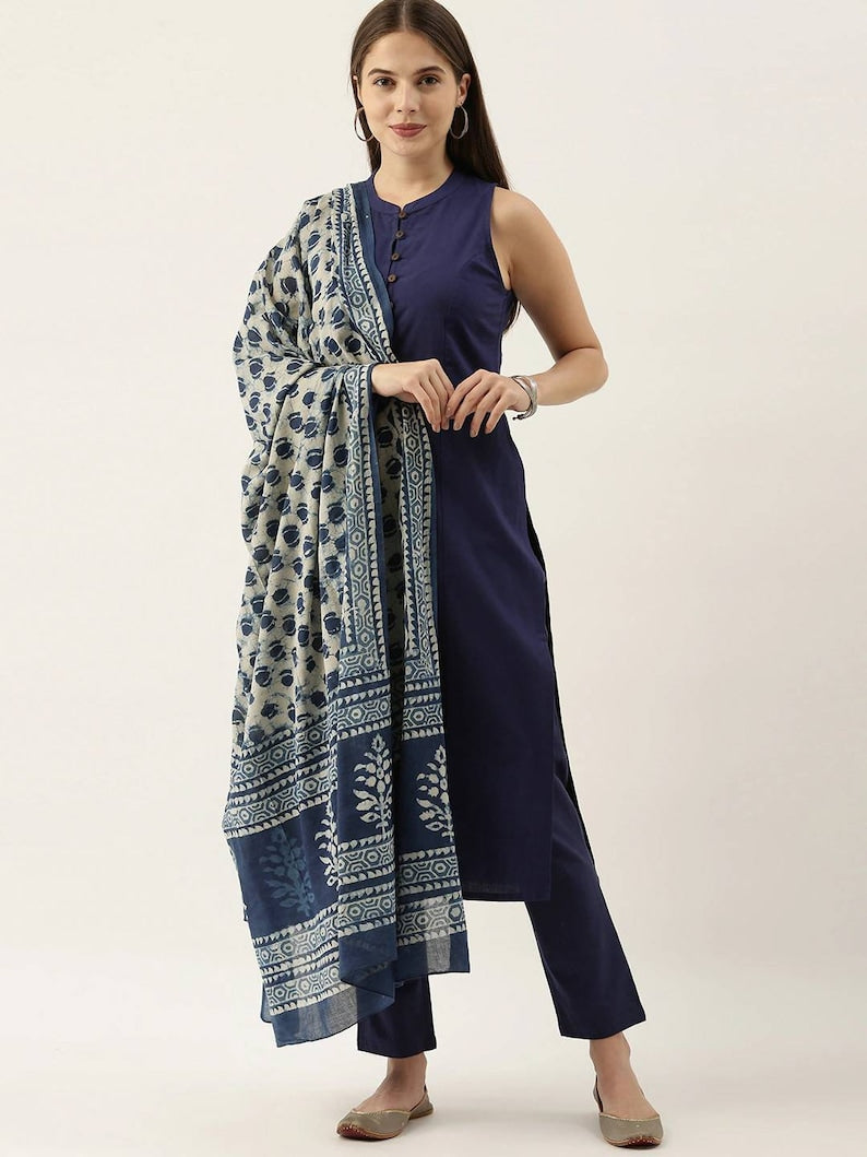Women Navy Blue Indigo/ Dabu/ Hand Block Print Pure Cotton Kurta Set