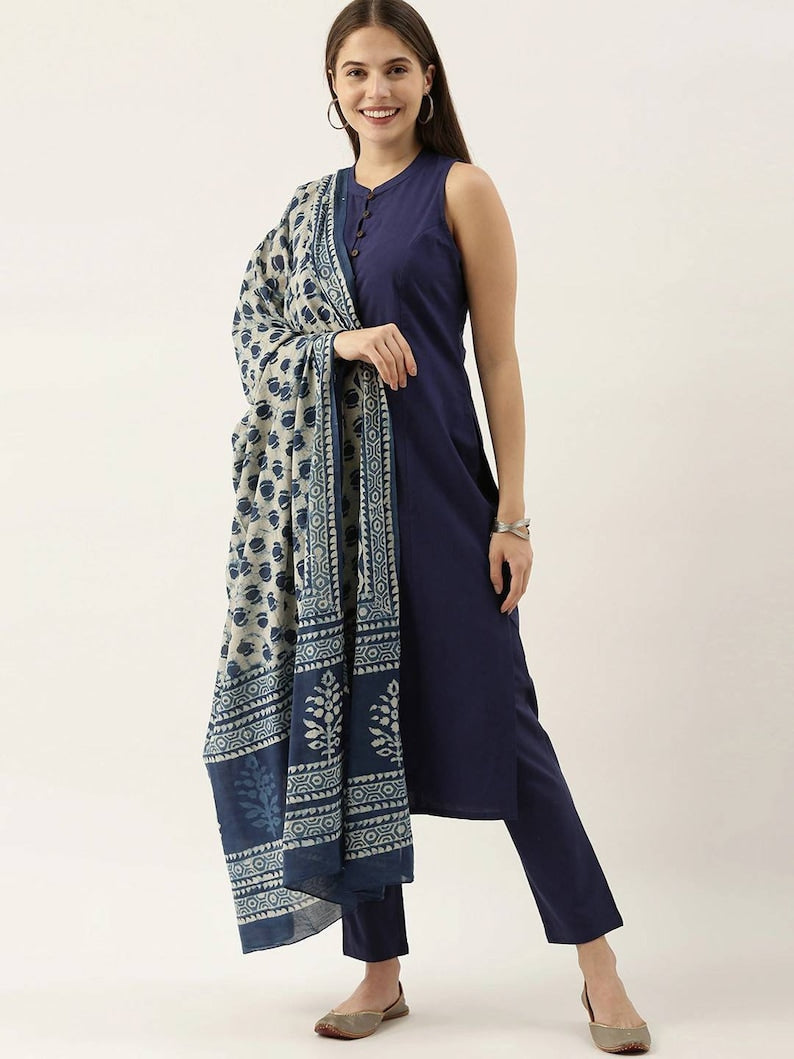 Women Navy Blue Indigo/ Dabu/ Hand Block Print Pure Cotton Kurta Set