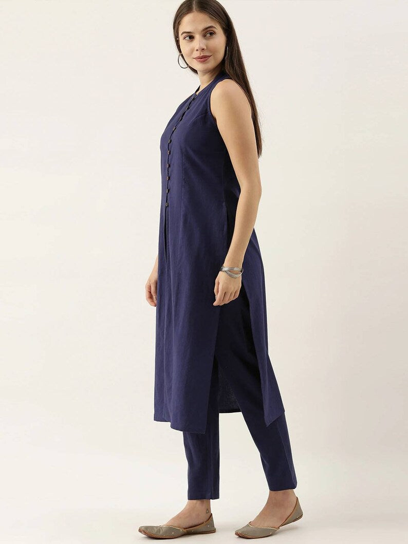 Women Navy Blue Indigo/ Dabu/ Hand Block Print Pure Cotton Kurta Set