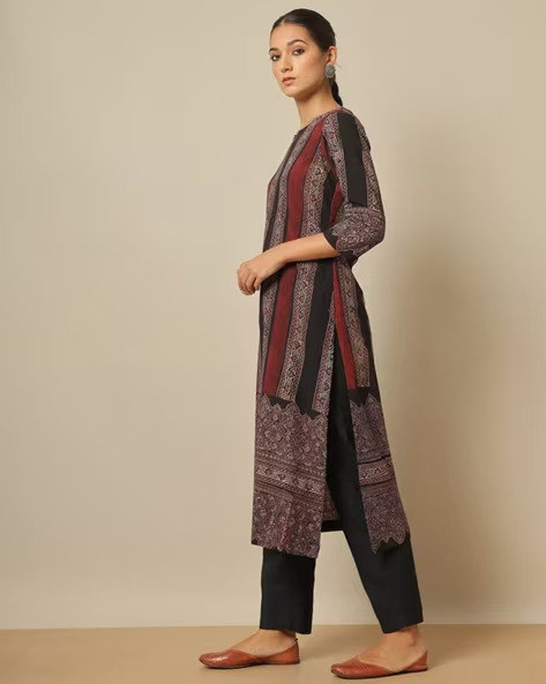 Handblock Ajrak Print Cotton Straight Kurta/Women Ethnic Kurta India/ Cotton/ Indigo/