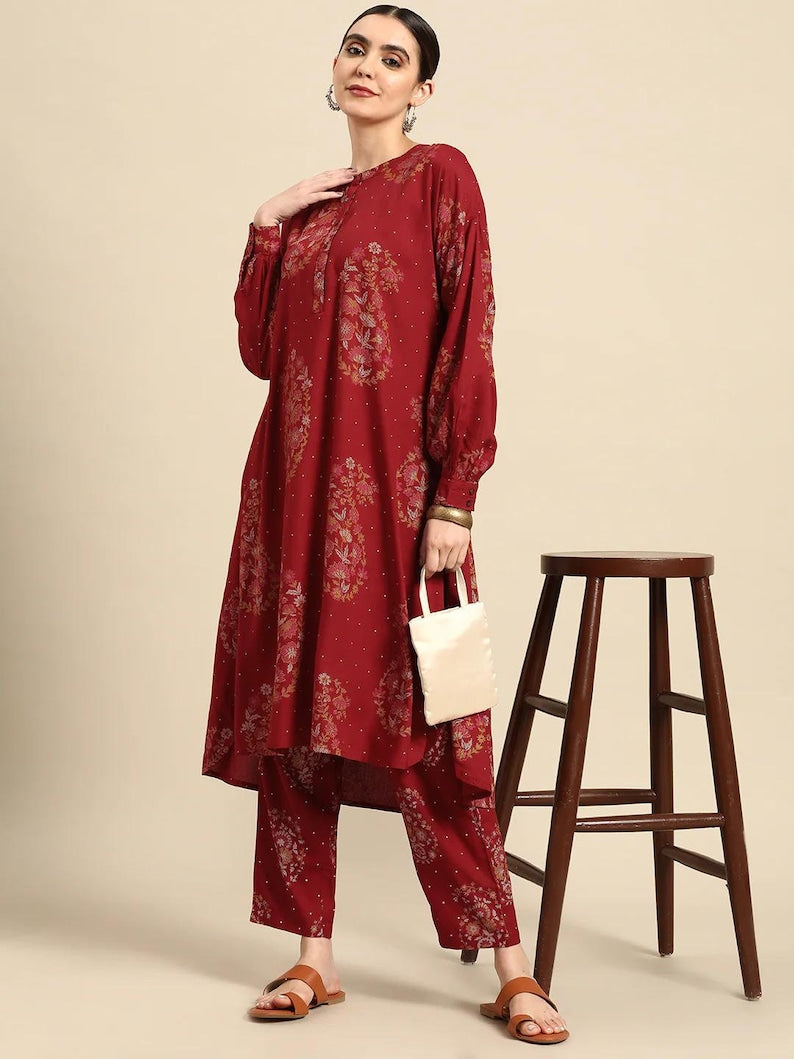 Red/ Off white printed Kurta with Trousers/ Mandarin Collar/ Cotton/ Linen Dress/ Pockets