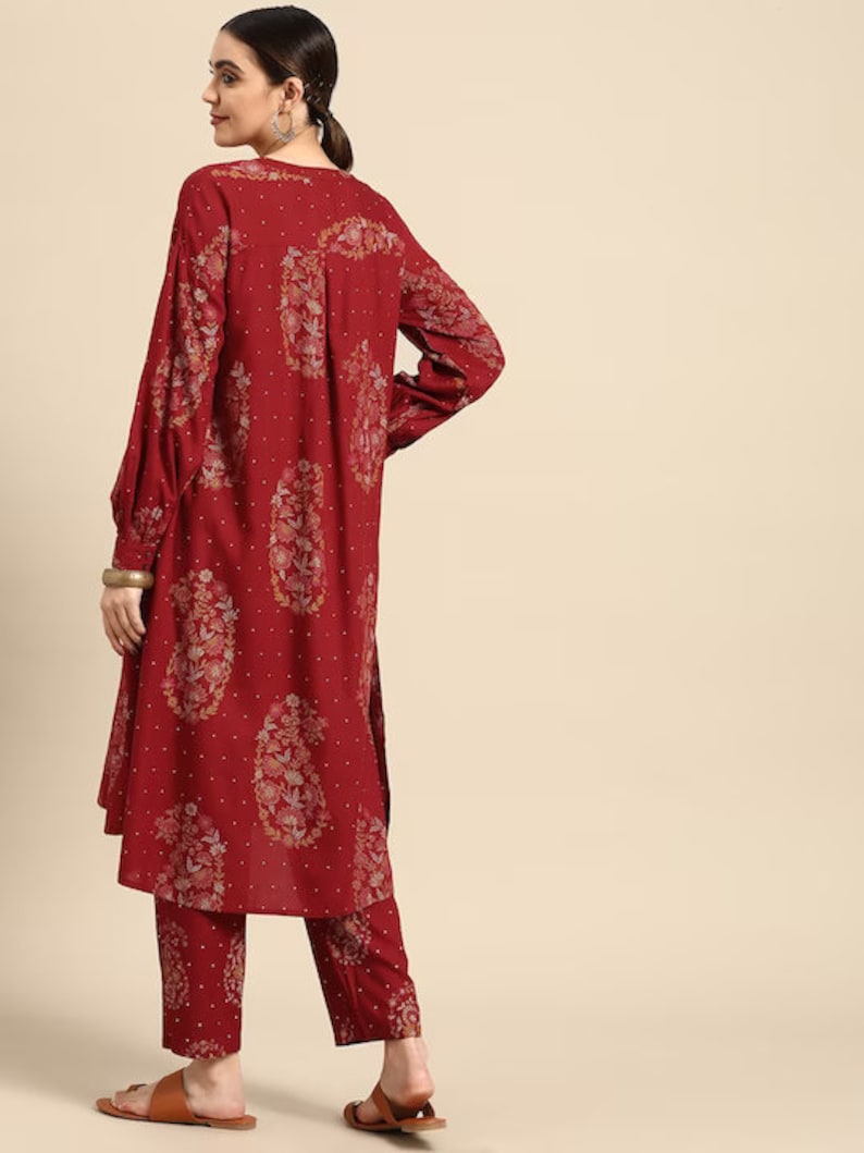 Red/ Off white printed Kurta with Trousers/ Mandarin Collar/ Cotton/ Linen Dress/ Pockets