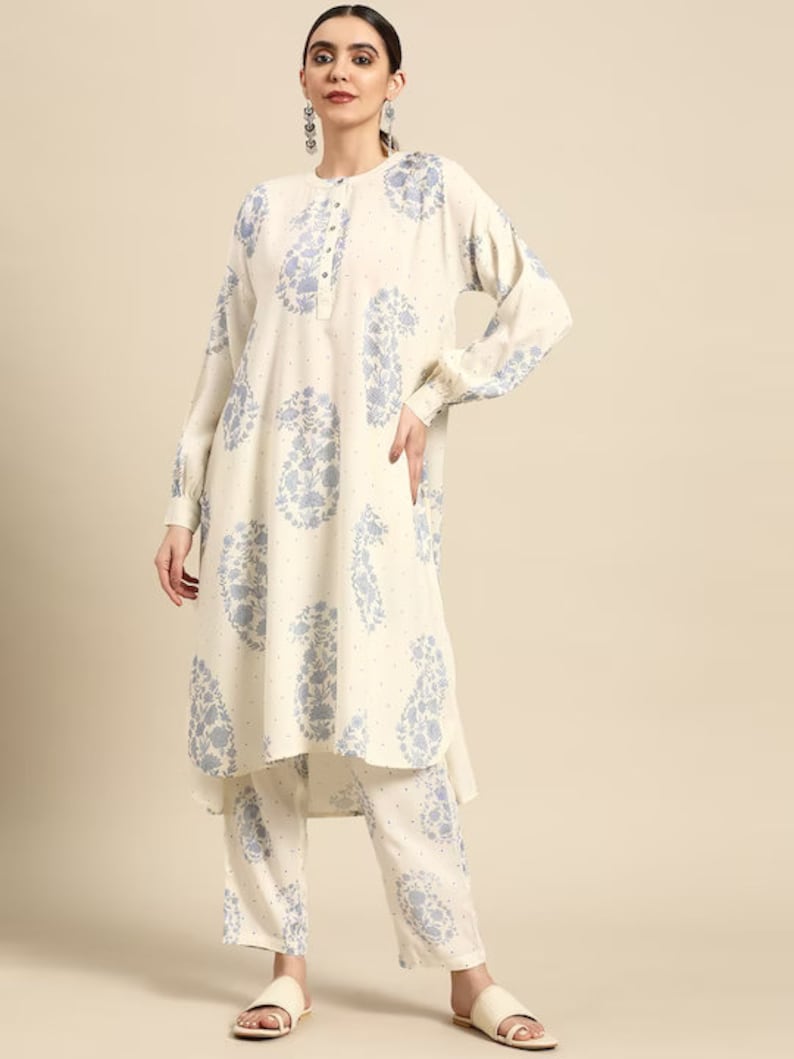 Red/ Off white printed Kurta with Trousers/ Mandarin Collar/ Cotton/ Linen Dress/ Pockets