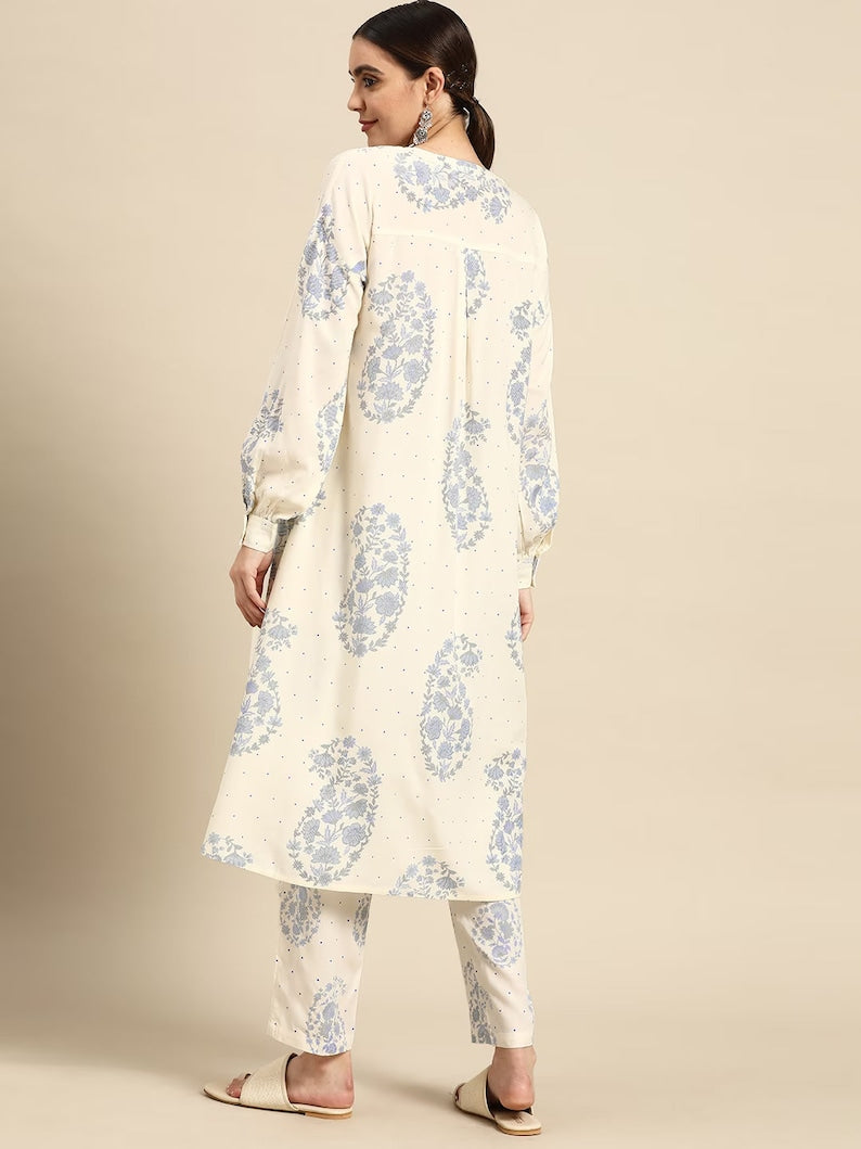 Red/ Off white printed Kurta with Trousers/ Mandarin Collar/ Cotton/ Linen Dress/ Pockets
