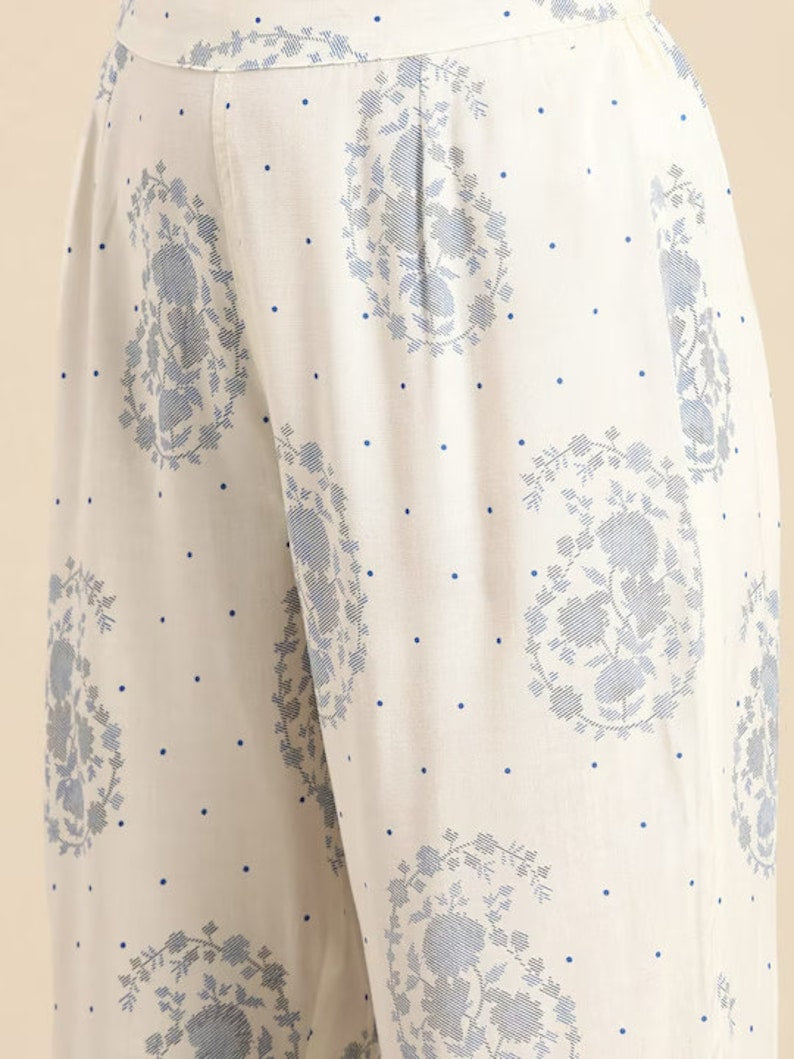 Red/ Off white printed Kurta with Trousers/ Mandarin Collar/ Cotton/ Linen Dress/ Pockets
