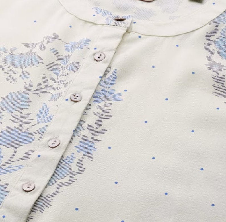 Red/ Off white printed Kurta with Trousers/ Mandarin Collar/ Cotton/ Linen Dress/ Pockets
