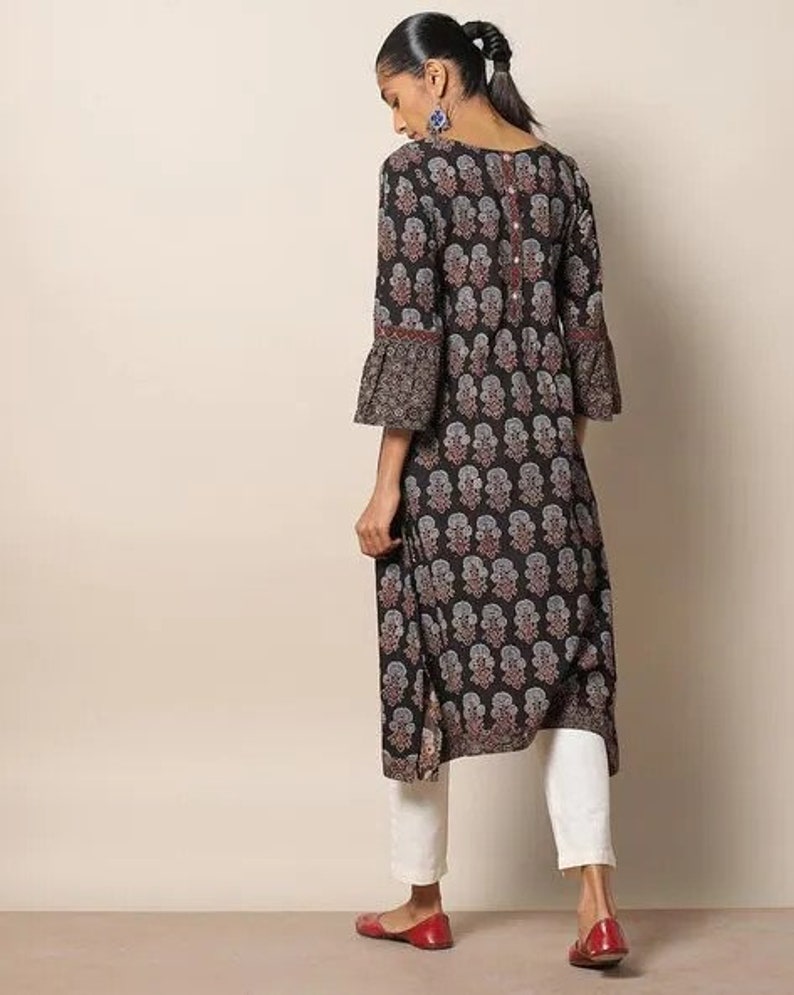 Handblock Ajrak Print Cotton Straight Kurta/Women Ethnic Kurta India/ Cotton/ Indigo/