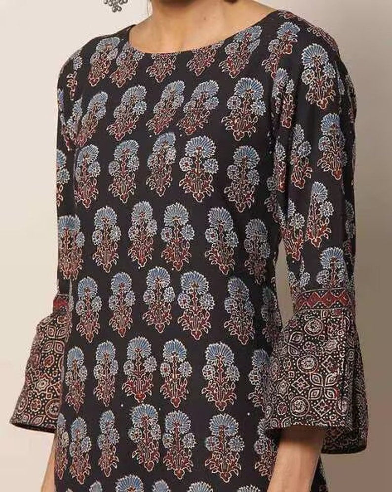 Handblock Ajrak Print Cotton Straight Kurta/Women Ethnic Kurta India/ Cotton/ Indigo/