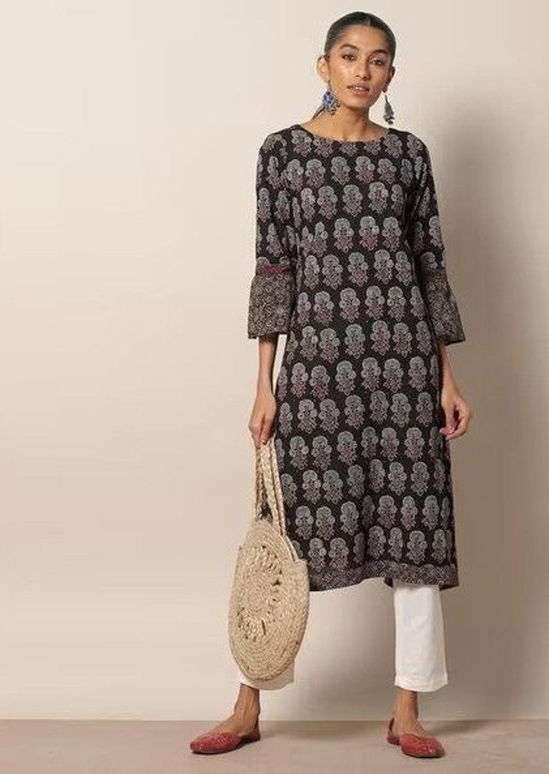 Handblock Ajrak Print Cotton Straight Kurta/Women Ethnic Kurta India/ Cotton/ Indigo/