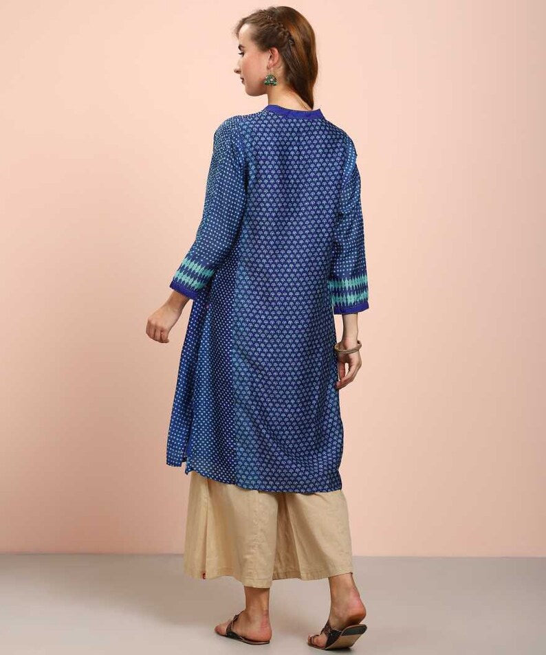 Cotton Linen Ethnic Kurti/ Block Print/Dabu Print Long Linen Dress/ Kurta/ Cotton Silk/ Organic/ Indigo/